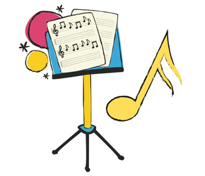 Music stand with music sheets, and a musical note
