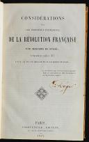 Photo 1 : CONSIDÉRATIONS SUR LES PRINCIPAUX ÉVÈNEMENTS DE LA RÉVOLUTION FRANÇAISE PAR MME DE STAËL 1818