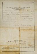 Photo 2 : Line Infantry. DISCHARGE CERTIFICATE ISSUED TO JOSEPH KENFOSSE, rifleman in the 4th company of the 7th Line Infantry Battalion, May 27, 1810. 18908-11.