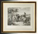 LE DUC DE RIVIÈRE, CAPITAINE DES GARDES DU CORPS DU ROI, PASSANT EN REVUE SA COMPAGNIE, Restauration : Gravure en noir et blanc. 29856
