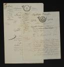 9th Light Infantry Regiment. LOT OF TWO DOCUMENTS: DEPARTURE ORDER OF TWO CAPTAINS signed by Hippolite Cazeaux (December 19, 1803) and ACCOMPANYING LETTER OF PROPOSALS FOR REPLACEMENT OF SIX OFFICERS signed by Colonel Meunier (May 2, 1804).18909-23