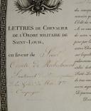 Photo 3 : LETTRES DE CHEVALIER DE L'ORDRE MILITAIRE DE SAINT LOUIS EN FAVEUR DU COMTE DE ROCHECHOUART, lieutenant de la 2ème Compagnie des Mousquetaires du Roi, Restauration. 29238-6