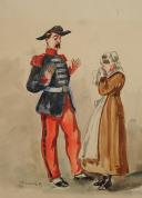 C. AMELOT: Original watercolor representing a woman and a grenadier on foot from the Second Empire Imperial Guard. 26226