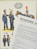 Photo 1 : L'ARMÉE FRANÇAISE Planche N° 76 : "INFANTERIE LÉGÈRE - 1812-1815" par Lucien ROUSSELOT et sa fiche explicative.
