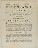 ORDONNANCE DU ROI, concernant les Droits & Prérogatives attachés aux charges de l'État-major de la Cavalerie & des Dragons. Du 1er octobre 1776. 4 pages