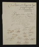 Deposit of the 5th Line Regiment. DECLARATION OF ADHERENCE OF SAID REGIMENT TO THE ACTS OF THE PROVISIONAL GOVERNMENT AND TO THE NEW CONSTITUTION WHICH CALLS LOUIS XVIII TO THE THRONE OF FRANCE, April 16, 1814. 18909-26