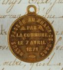 Photo 2 : MÉDAILLE COMMÉMORATIVE DE LA REVUE PASSÉE AU CHAMP DE MARS PAR LA COMMUNE LE 7 AVRIL 1871, COMMUNE DE PARIS 1871.