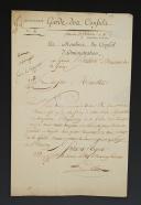 Consuls' Guard Artillery Train. SIGNED REQUEST BY COÜIN ADDRESSED TO GENERAL BERTHIER, MINISTER OF WAR FOR THE OBTAINMENT OF ADDITIONAL TRUMPET APRONS, 22 fructidor year 11 (September 9, 1803). 18907-2