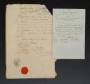 Garde des Consuls Compagnie des MAMELOUKS. Deux documents : Laisser-passer délivré par RAPP, chef de brigade, aide de camp du 1er Consul, commandant l'Escadron des Mamelouks, pour un lieutenant, 8 floréal an 10 (28 avril 1802) et Certificat délivré par Ch. DELAITRE, capitaine commandant de ladite compagnie, à un réfugié égyptien le 7 Brumaire an 13 (29 octobre 1804). 18907-4