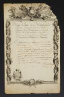 CERTIFICAT DE CONGÉ POUR LE COMTE DE VIRY, Mousquetaire du Roi dans la 2ème Compagnie entre le 1er juillet 1771 jusqu'au 1er avril 1772, décerné à Paris le 23 décembre 1772. 29238-1