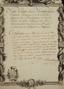 Photo 2 : CERTIFICAT DE CONGÉ POUR LE COMTE DE VIRY, Mousquetaire du Roi dans la 2ème Compagnie entre le 1er juillet 1771 jusqu'au 1er avril 1772, décerné à Paris le 23 décembre 1772. 29238-1