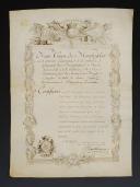 CERTIFICAT DE SERVICE ET DE CONGÉ POUR ALEXANDRE CÉSAR ANNIBAL FRÉMIN DE STONNE, Mousquetaire du Roi dans la 2ème Compagnie, décerné à Paris le 27 février 1778. 29238-1