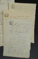 Photo 2 : Garde des Consuls. ARTILLERIE. Ensemble de trois devis signés Marie-Anne VIGNIER FEMME CHAILLOT, pour la réalisation de pavillons de trompettes pour l'artillerie de la Garde des Consuls, 19 Vendemiaire et 19 Germinal an 12, Minute du chef de la 2è division adressée à Mme Vignier jugeant ses tarifs trop élevés (9 vendemiaire an 12) et son rapport fait au Ministre le 30 germinal an 12 l'informant des devis revus. 18907-6