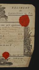 Photo 2 : Regiment of the Swiss Guards of the King. ABSOLUTE MILITARY LEAVE GRANTED TO MATHIS WALTER, soldier in the Company of the Lieutenant Colonel, August 1, 1788. 18908-28.