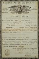 Photo 2 : Consription. CONSCRIPTION CERTIFICATE OF MISTER MORE PIERRE ANTOINE, Arrondissement of Toulon, 16 Ventôse Year 13. 18902-7.