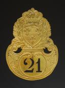 PLAQUE DE SHAKO DE TROUPE DU 21ème RÉGIMENT D'INFANTERIE DE LIGNE, modèle 1821, Restauration. 32237