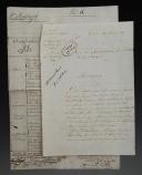 5ème Régiment d'Infanterie de Ligne. Lot de 2 documents : ÉTAT DES EFFETS D'HABILLEMENT ET ÉQUIPEMENT EXISTANT EN MAGASIN ET DES MOUVEMENTS SURVENUS, 18 janvier 1808, LETTRE SIGNÉE CHEVALIER DE PLAUZONNE pour un remplacement, 26 février 1809, . 18909-2