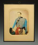 Photo 1 : PORTRAIT DE THÉODORE LEBON-DENONAC, sous-lieutenant au 3ème Régiment de Hussards 1853 : Photographie réhaussée en couleurs, Second Empire.