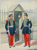 HILPERT : AQUARELLE ORIGINALE REPRÉSENTANT UN OFFICIER ET UN HOMME DE TROUPE DES VOLTIGEURS DE LA GARDE IMPÉRIALE, Second Empire (1860-1870), datée 1945.