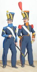Photo 2 : 1828. Infanterie de Ligne. Tambour-Major, Caporal-Fourrier du Centre (23è Régiment). Sergent-Major de Grenadiers (50è Régiment)
