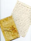 Photo 1 : CARNET DU SOLDAT D'ARTILLERIE DE MARINE HYACINTHE LEROUX, CALLIGRAPHIÉ ET ORNÉ DE NOMBREUX DESSINS D'EMBLÈMES MILITAIRES ET IMPÉRIAUX (1813-1814) et une lettre à sa tante MARIE CUVELIER, résidant à Dieppe, le 30 août 1814.