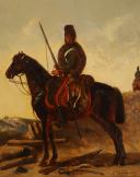 Photo 3 : LOUIS PATERNOSTRE - HORSE CHASSEUR IN CAMPAIGN UNIFORM: Oil on wood, Second Empire. 27744