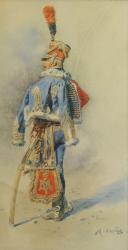 Photo 1 : ORANGE MAURICE, OFFICIER DU 9ème HUSSARDS EN PIED : Aquarelle originale, Premier Empire.