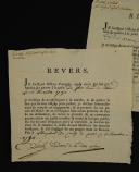 Prisoners of war 1794. TWO DOCUMENTS ENTITLED "REVERS", one signed by Michel GREIDER, 98th Bouillon Regiment on September 26, 1794, the second signed by DUCHÉ, adjutant at Fort Louis du Rhin on November 5, 1794. 18910-26