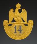 PLAQUE DE SHAKO D'OFFICIER FUSILIER DU 14ème RÉGIMENT D'INFANTERIE DE LIGNE, modèle 1812, Premier Empire. 33846