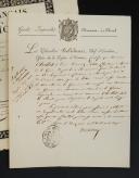 Photo 2 : Imperial Guard. CHASSEURS ON HORSEBACK. Lot of three documents: Disability discharge issued to Mr. LULX Philogène de La Motte (March 10, 1813); Appointment as a second lieutenant to Louis Léonard CHOLLET of the 23rd regiment (May 12, 1813); Record of services, campaigns, and injuries of Pierre CAYRE, major of the line in the 22nd regiment (April 7, 1815). 18907-20