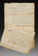 Régiment de la Marine. DEUX CONGÉS ABSOLUS DONNÉS À LOUIS ÉTIENNE LEIGNÉ, ET À CLAUDE ROGER, engagés au régiment de la Marine, Versailles le 21 juillet 1743, signés Monsieur de Marville. 18902-19