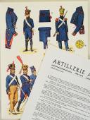 Photo 1 : L'ARMÉE FRANÇAISE Planche N° 28 : "ARTILLERIE À PIED - 1804-1815" par Lucien ROUSSELOT et sa fiche explicative.