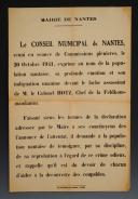 AVIS DE LA MAIRIE DE NANTES RAPPORTANT LES PROPOS DE LA SÉANCE DU CONSEIL MUNICIPAL DE NANTES SUITE À L'ATTENTAT CONTRE LE COMMANDANT DE LA PLACE DE NANTES LE LIEUTENANT-COLONEL HOTZ LE 20OCTOBRE 1941, Seconde Guerre Mondiale. 30684-7
