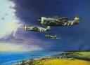 GROUPE DE CHASSEURS BOMBARDIERS MONOPLACE AMÉRICAINS « REPUBLIC P-47 THUNDERBOLT » LORS D'UNE ATTAQUE SUR UNE CÔTE DURANT LE SECOND CONFLIT MONDIAL, Seconde Guerre Mondiale.