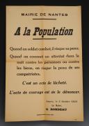 NOTICE FROM THE CITY HALL OF NANTES "TO THE POPULATION" DATED OCTOBER 3, 1941, World War II. 30684-2