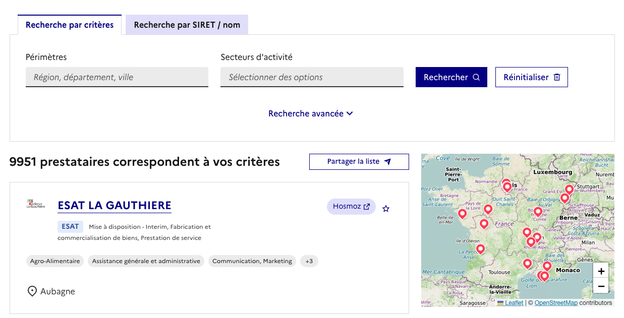Capture d'écran du moteur de recherches du Marché de l'inclusion