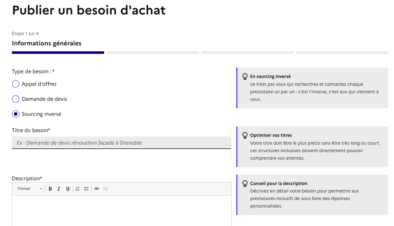 Capture d'écran du sourcing inversé du Marché de l'inclusion