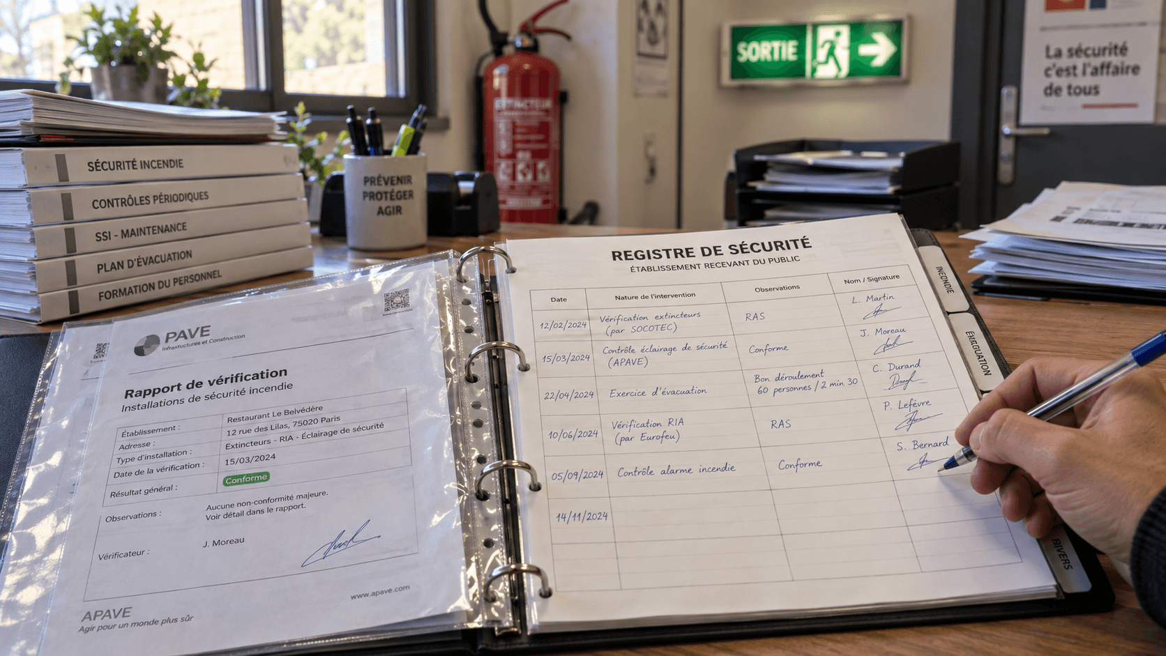 Registre de sécurité ouvert, une personne est en train de le signé