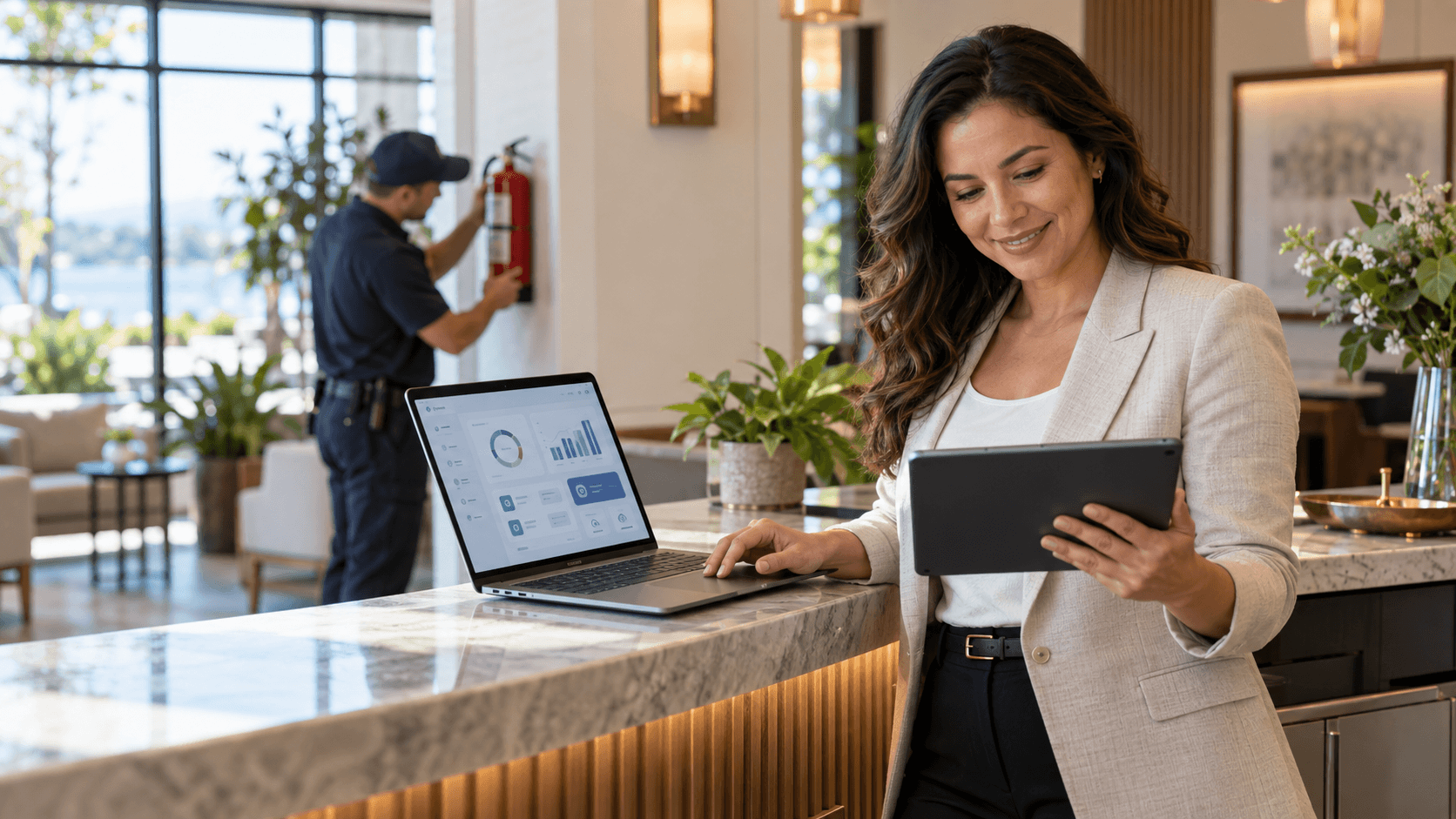 une femme est derrière le comptoir d'un hôtel avec une tablette à la main et un ordinateur est ouvert sur une webapp de gestoin avec des données affiché, un homme au second plan installe un extincteur