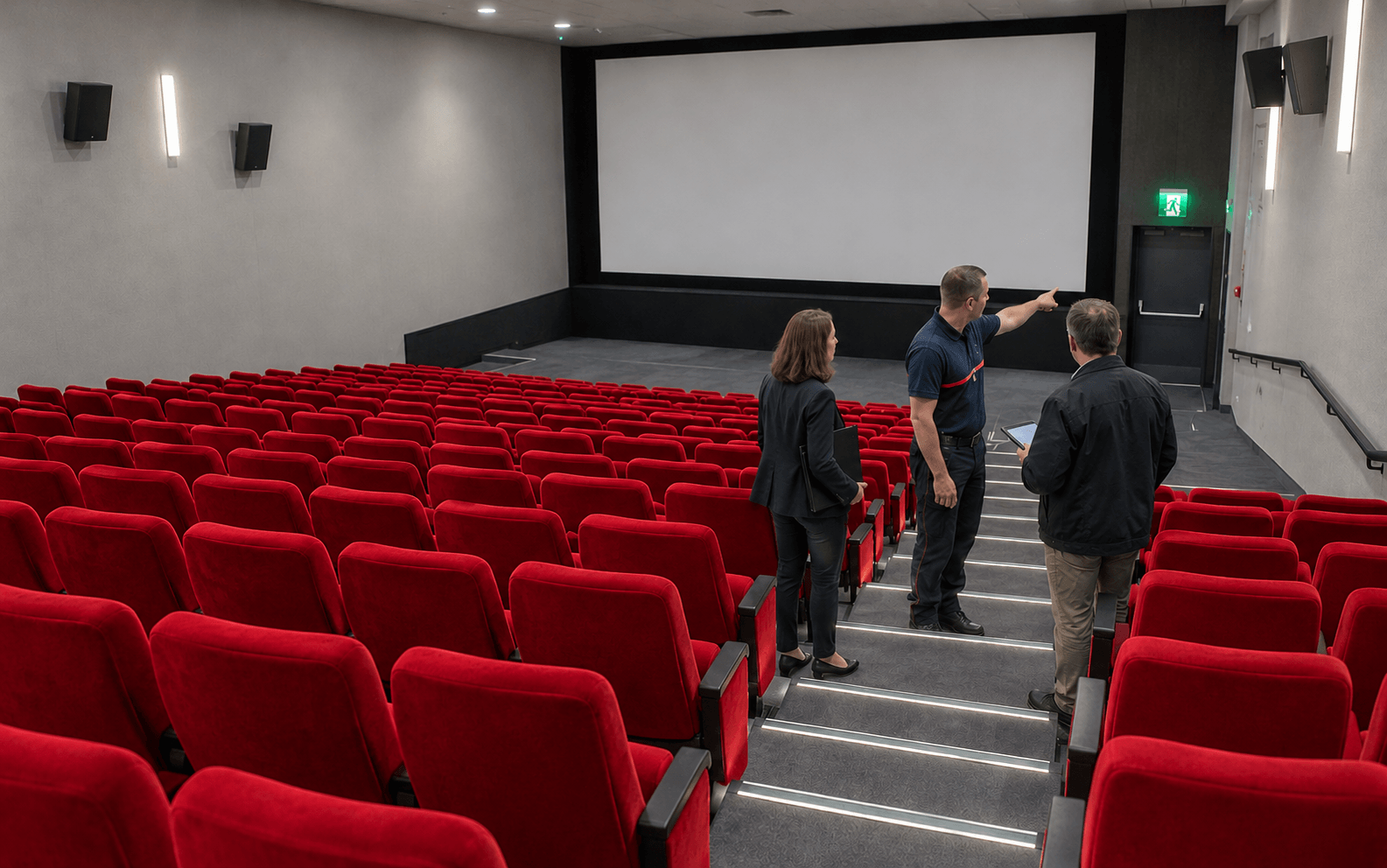 La commission de sécurité contrôle l’éclairage des issues de secours dans une salle de cinéma vide