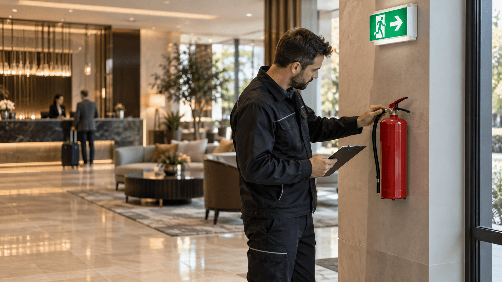 Technicien réalisant une vérification périodique obligatoire des équipements de sécurité incendie dans un ERP