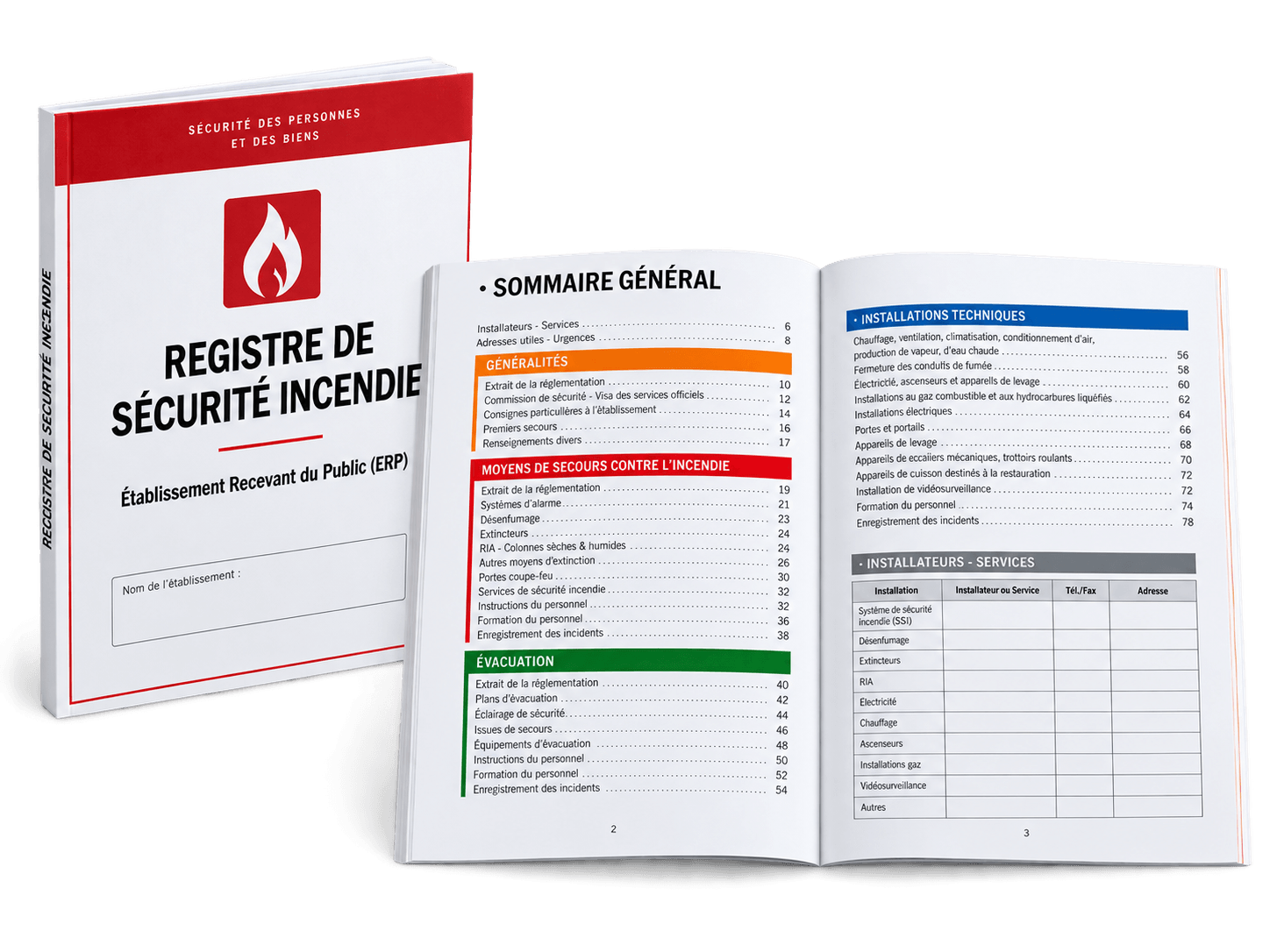 Exemple de registre de sécurité avec la 1ere de couverture et  un registre de sécurité ouver à la page desommaire