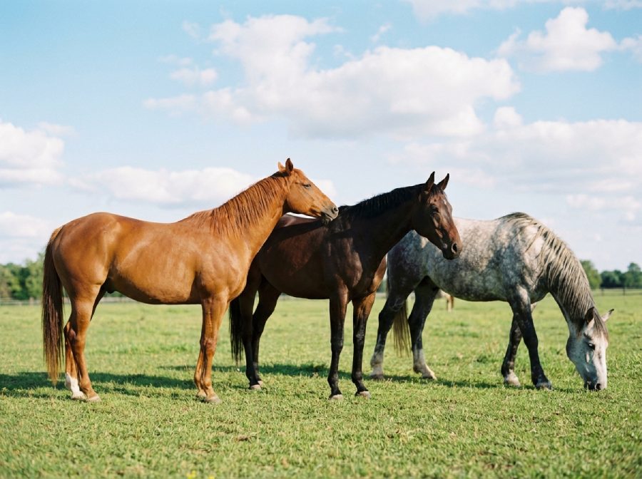Trois chevaux socialisant dans un paddock, illustrant le bien-être au pré