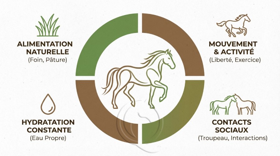 Infographie présentant les 4 besoins fondamentaux du cheval en pension équestre