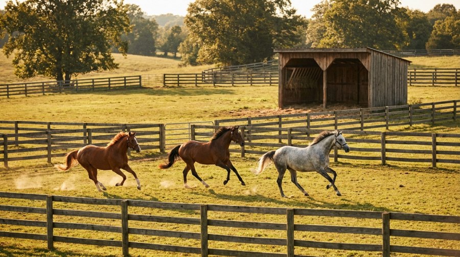 Chevaux de sport dans un paddock sécurisé d'une pension équestre de qualité