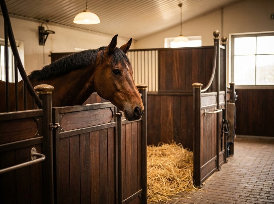 Cheval bai dans un box individuel d'une écurie de pension équine