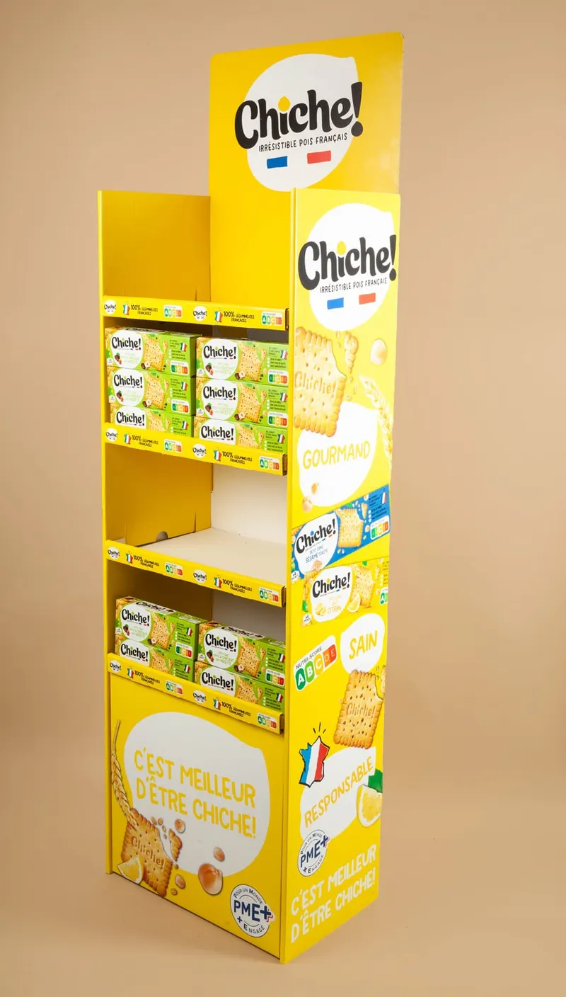 Présentoir de comptoir en carton Chiche, détail, fabrication Smartpack