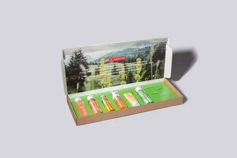 Boîte carton personnalisée à oreilles Clarins, fabrication Smartpack