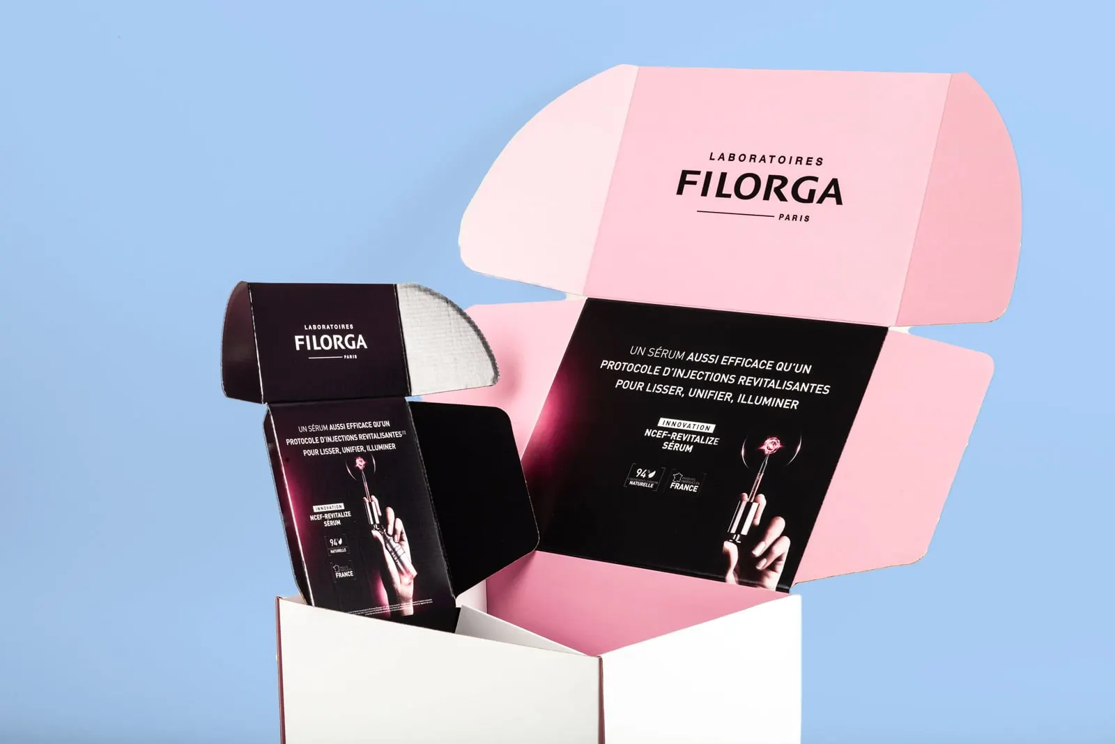 Boîte carton personnalisée à oreilles Filorga, fabrication Smartpack