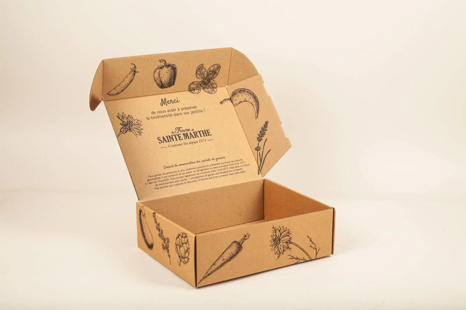 Boîte carton personnalisée à oreilles Sainte Marthe, ouverte, fabrication Smartpack